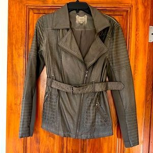 Black Swan Faux Leather Green belted women’s Moto Jacket.